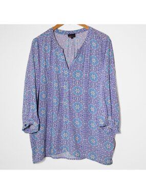 Jones New York JNY Blue Paisley Tulip Hem Popover Top Coastal Boho Size 1X